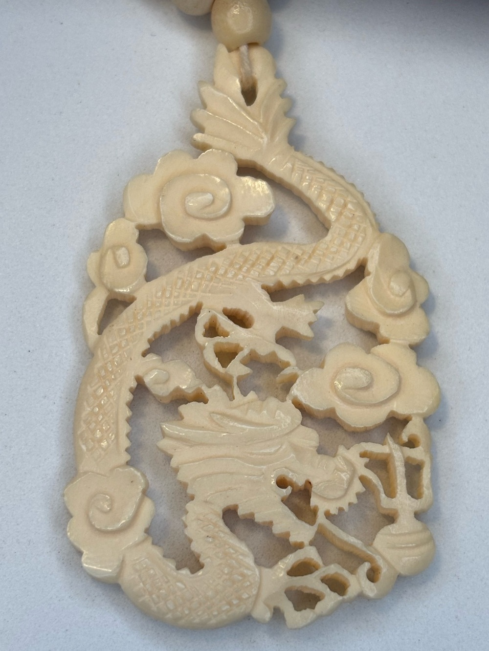 Vintage Chinese Carved Bovine Bone Dragon Phoenix Necklace 28” - Picture 3 of 5
